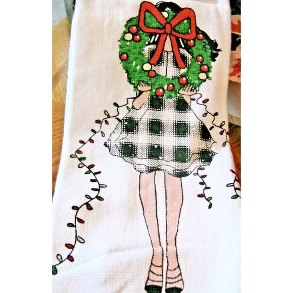 New Christmas Buffalo Check Plaid Lady Girl Wreath Kitchen Hand Towels Set of 4 - Picture 1 of 7